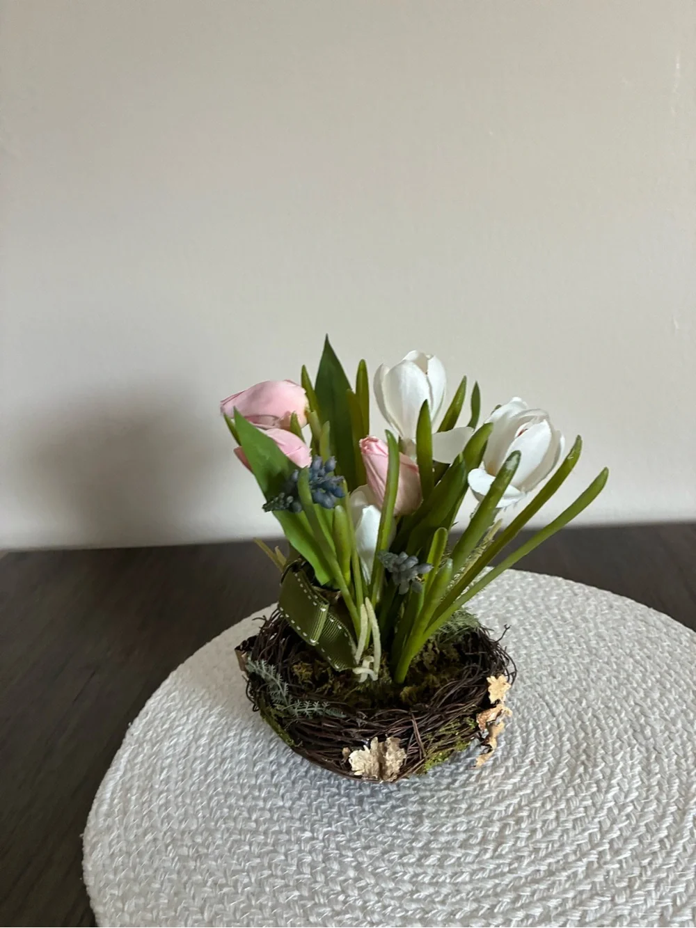 Pink & White Tulip Nest Arrangement with Green Ribbon - Home Accents